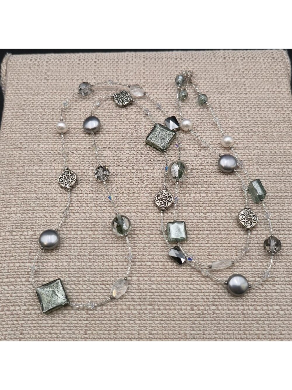 43 Inch Sterling Silver Murano Glass Faux Pearl Illusion Long Necklace B1576
